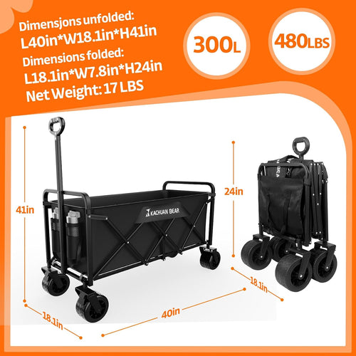 300L Large Collapsible Wagons Carts With Big All-Terrain Beach Wheels, Foldable Shopping Wagon Cart, Heavy Duty 480Lbs Load, Folding Utility Cart For Groceries Garden Sport (Black)