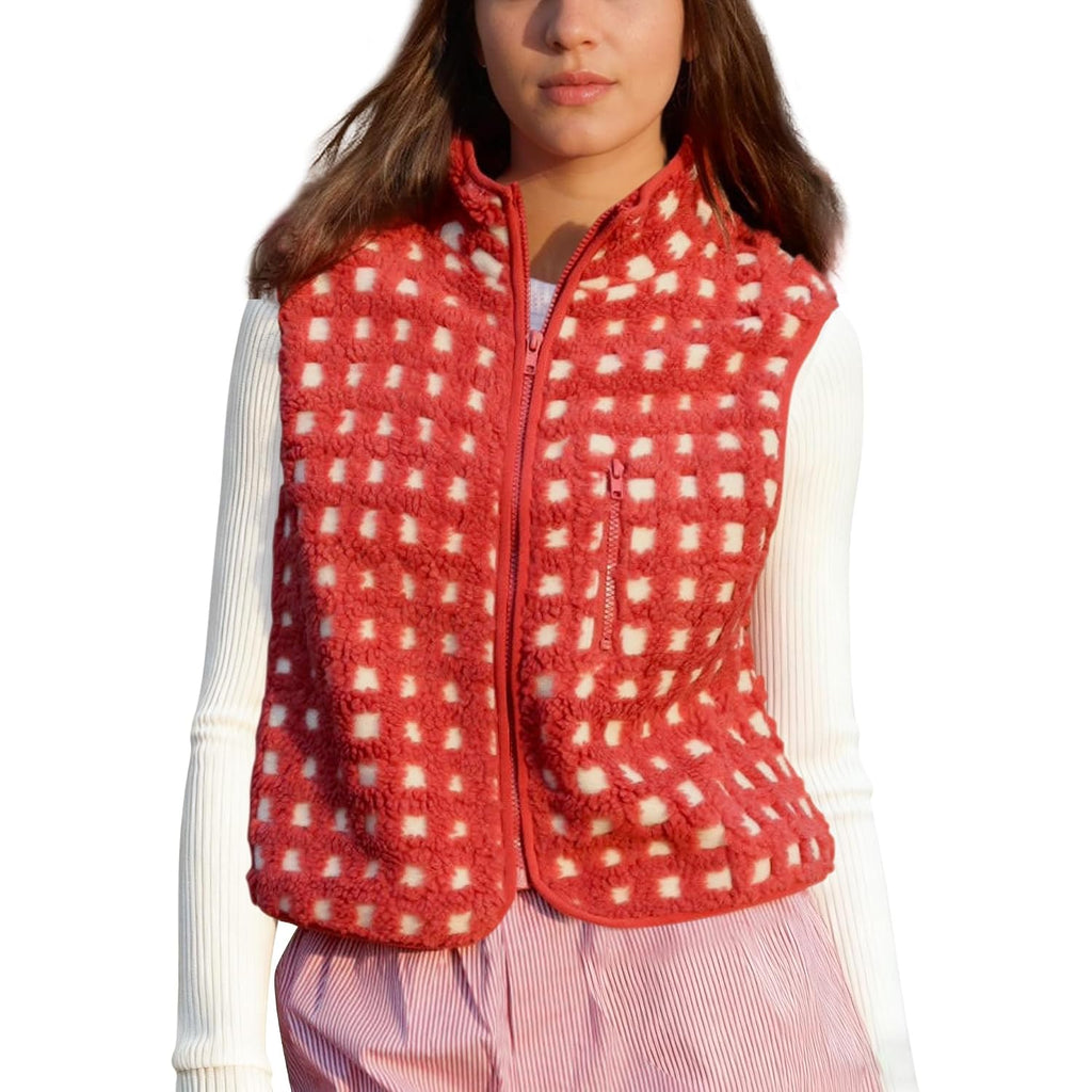 Fleece Vest Women Sleeveless High Neck Fuzzy Sherpa Vest Full Zip Oversized Outwear Gilet Trendy Jacket With Pockets