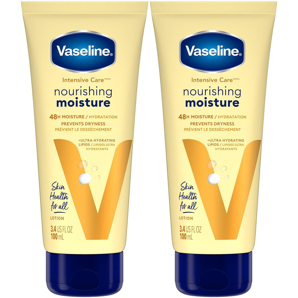 Vaseline Lotion, Intensive Care Nourishing Moisture 2-Pack – Moisturizer with Oat Extract + Ultra-Hydrating Lipids for Healing Extremely Dry Skin, 3.4 Oz Ea