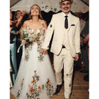Floral Embroidered Wedding Dress For Bride Long Off Shoulder V Neck Chiffon Evening Bridal Gown