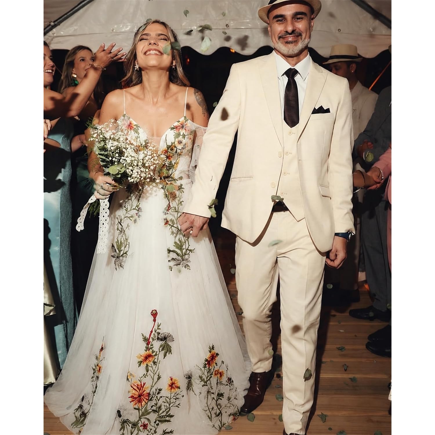 Floral Embroidered Wedding Dress For Bride Long Off Shoulder V Neck Chiffon Evening Bridal Gown