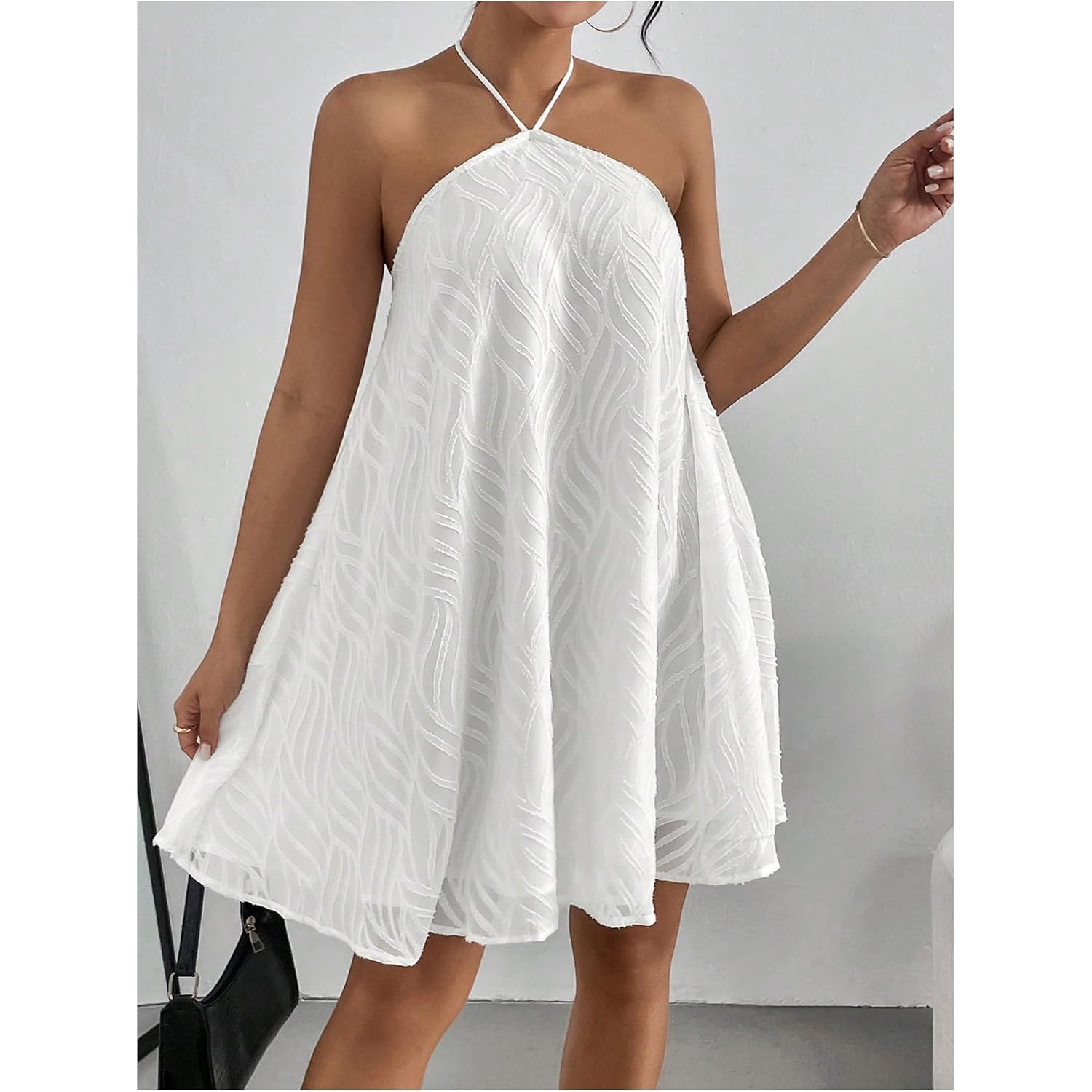 Makemechic Women'S Halter Dress Summer White Beach Mini Backless Flowy Short Dress