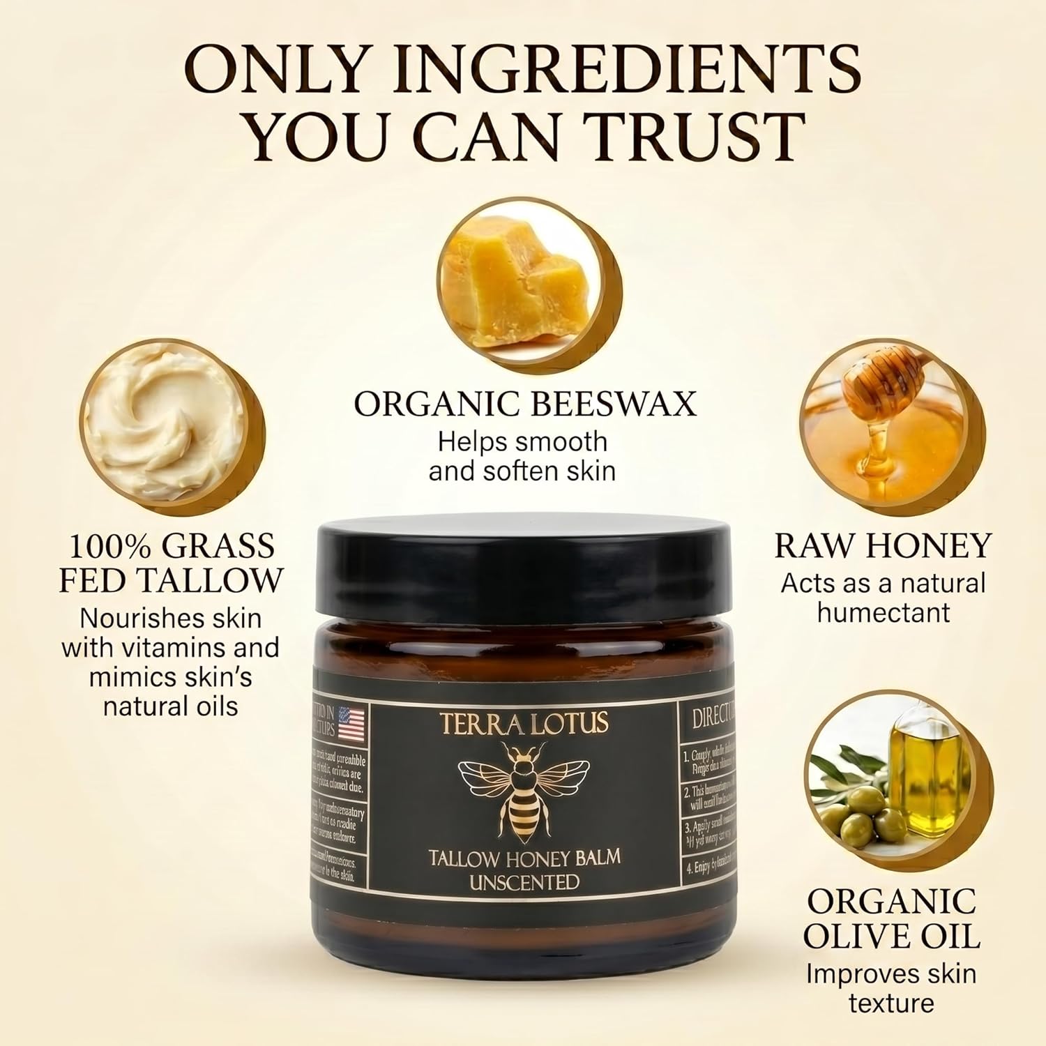 Terra Lotus - Organic Grass-Fed Beef Tallow Balm with Raw Honey - Moisturizing Cream for Soft, Smooth Skin - Handmade All-Natural Moisturizer (2 Oz, Unscented)