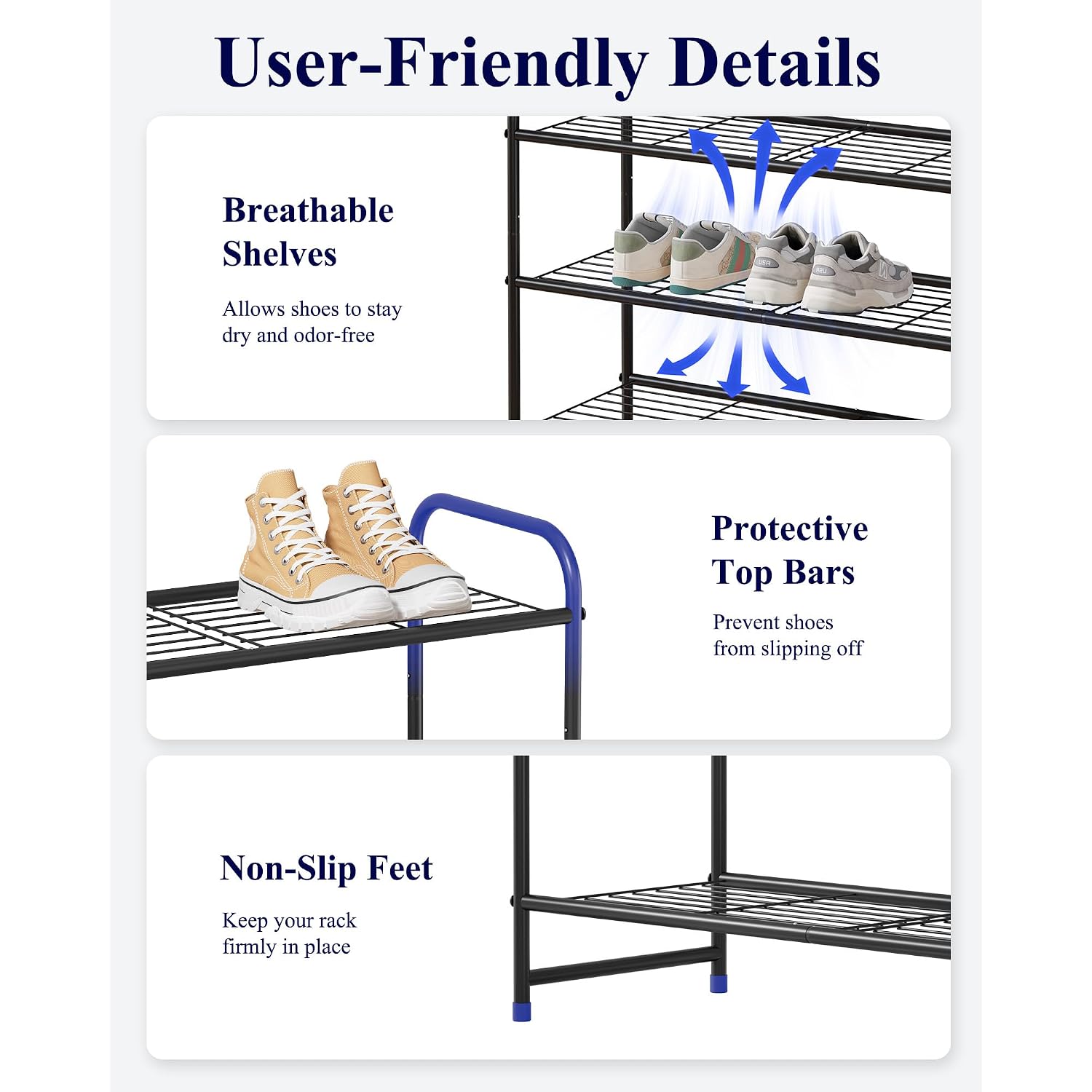 Kitsure Shoe Rack - Stainless Steel Shoe Organizer, Sturdy Shoe Rack For Closet And Front Door Entrance, Free Standing Shoe Shelf, Closet Organizers And Storage, 25.6" Wide - 3 Tier, Black