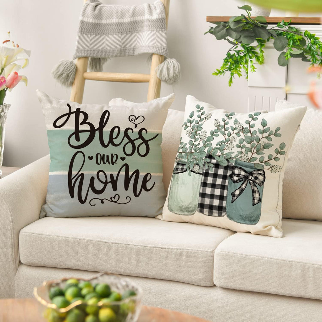 AVOIN colorlife Fall Sweet Home Eucalyptus Lamb Ear Wreath Throw Pillow Covers, 18 x 18 Inch Bless Our Home Buffalo Plaid Cushion Case for Sofa Couch Set of 4