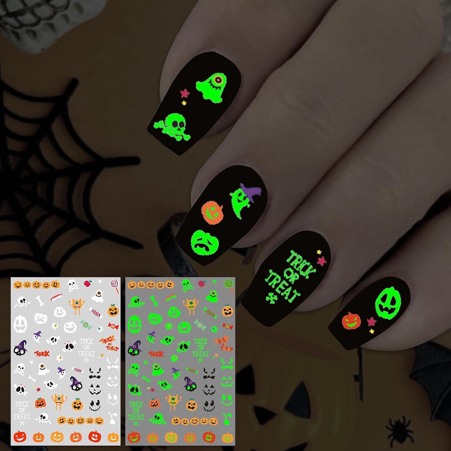 IDDFEVE Halloween Glow in The Dark Nail Stickers, 3D Luminous Ghost Nail Art Decals, Self-Adhesive Pumpkin Spider-Web Bat Design for DIY Supplies Decoration (8 Sheets)