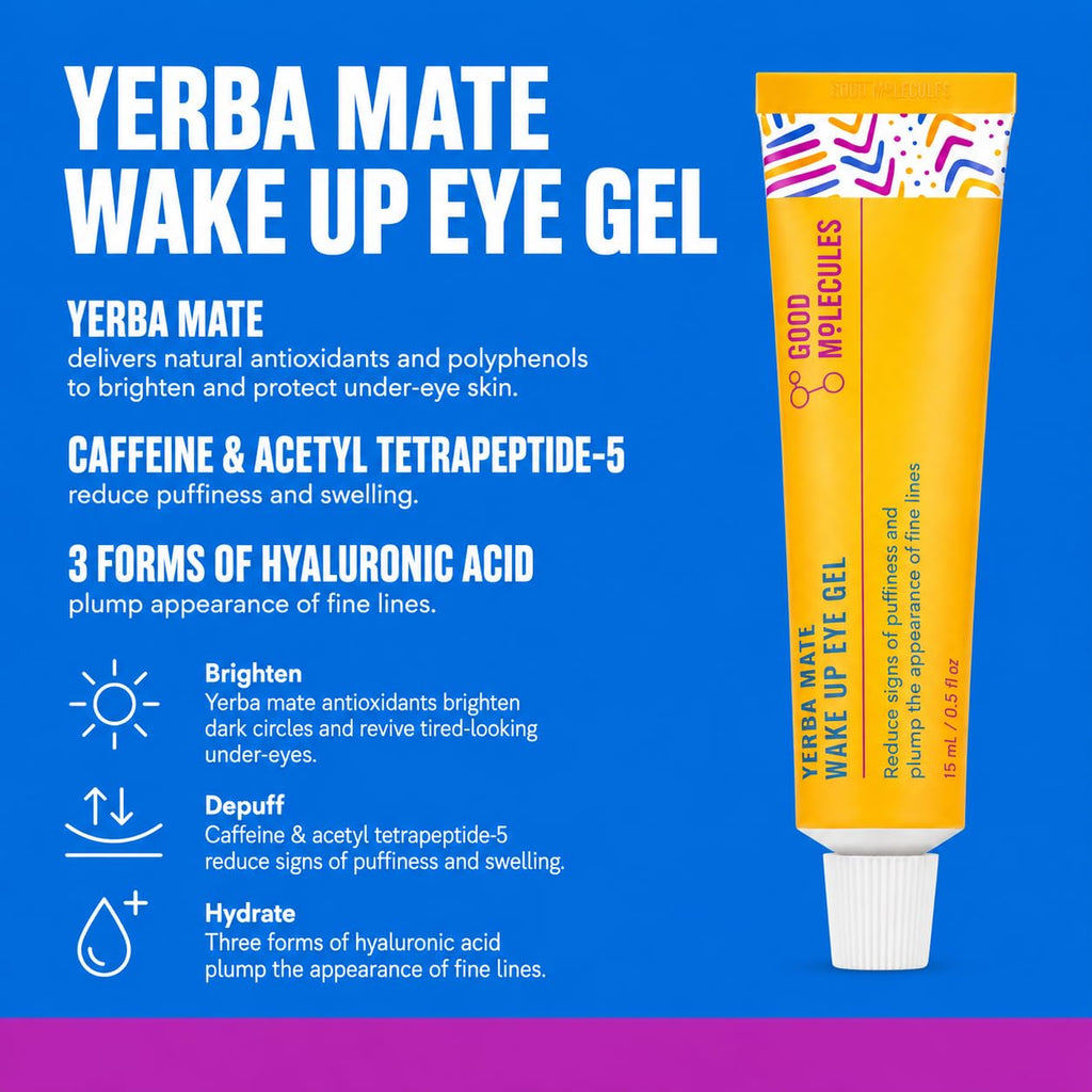 Good Molecules Under Eye Cream And Eye Patches For Dark Circles, Puffiness And Tired Eyes - Yerba Mate Eye Gel (15Ml) And Caffeine Hydrogel Eye Patches (60 Patches / 30 Pairs) - Morning Eye Care Set