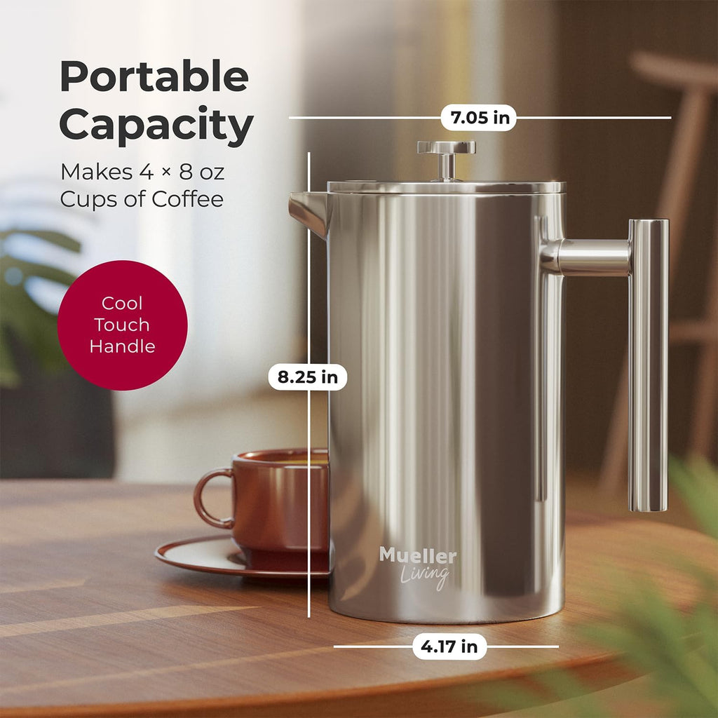 Muellerliving French Press Coffee Maker 34Oz, Stainless Steel French Press Coffee, 4 Filter Heat Resistant Double Insulated, Rust-Free, Food Grade, Dishwasher Safe Coffee Pot