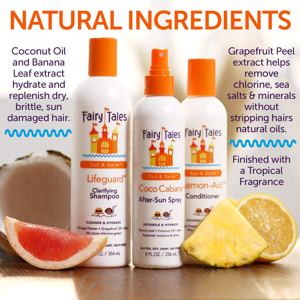 Fairy Tales Sun & Swim Shampoo & Conditioner For Kids - Chlorine Removal Swim Shampoo, Removes Green Pool Tones, Sea Salt & Mineral Buildup - Delicious Tropical Scent– 12Oz + 8Oz