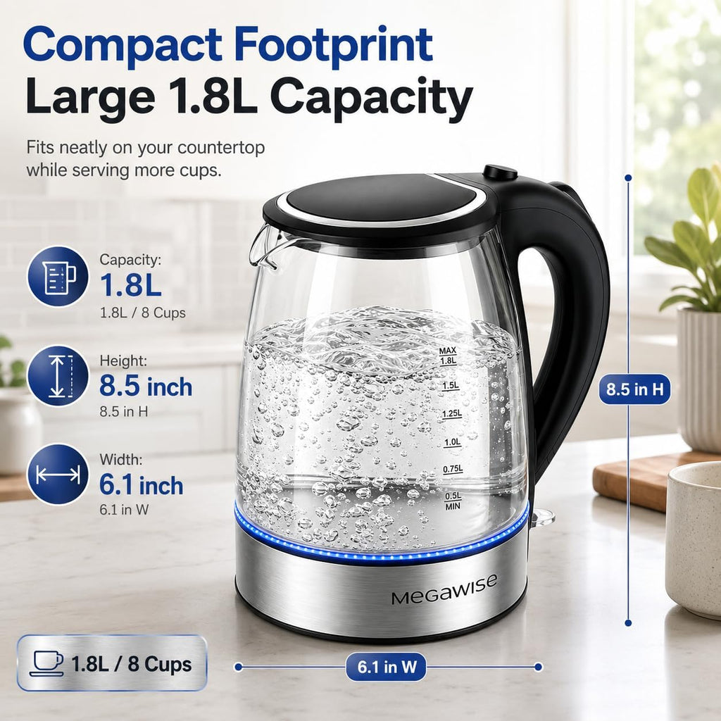 Megawise Electric Glass Kettle With Auto Shut-Off (1.8L)