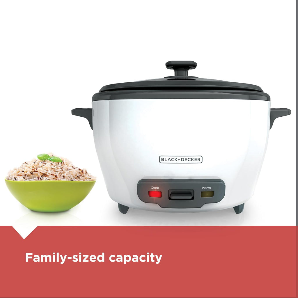 Black+Decker Rice Cooker 6-Cup (Cooked) With Steaming Basket, Removable Non-Stick Bowl, White