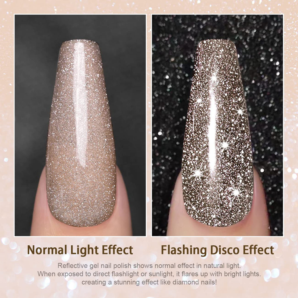 RARJSM Reflective Glitter Gel Nail Polish Champagne Brown Flash Diamond Nail GelPolish Soak off Disco Shimmer Gel Polish UV LED Curing Require 15ml 0.5FLOZ for Home Salon Diy Nail Manicure Decoration