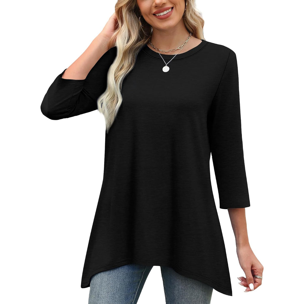 OFEEFAN Tunic Tops for Women Loose Fit Dressy 3/4 Length Sleeve Womens Tops with Asymmetrical Hem S-4XL