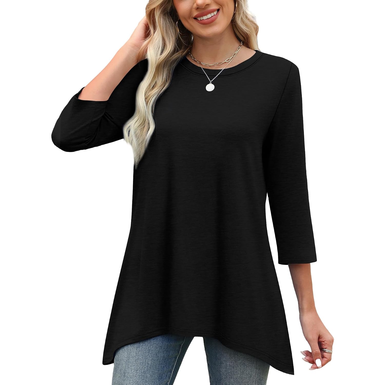 OFEEFAN Tunic Tops for Women Loose Fit Dressy 3/4 Length Sleeve Womens Tops with Asymmetrical Hem S-4XL