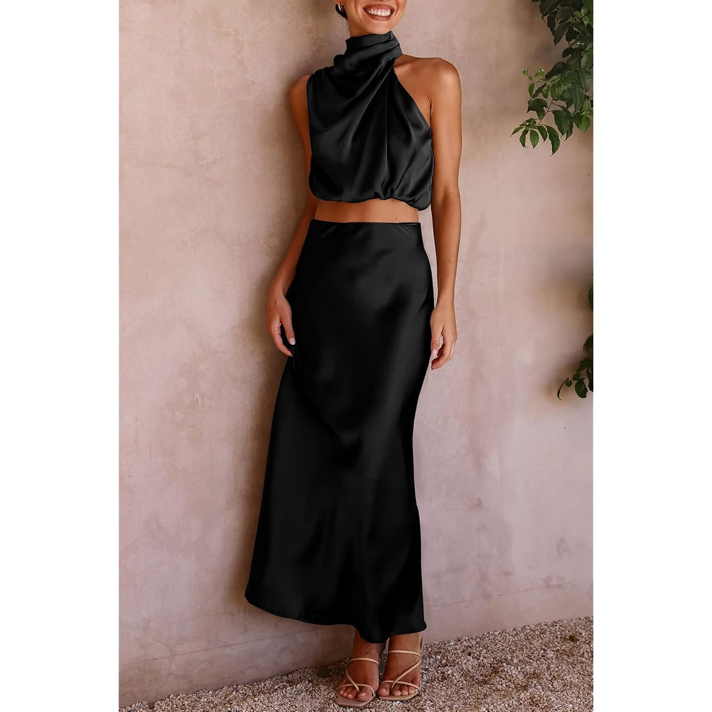 Prettygarden Women'S 2 Piece Satin Outfits Summer Sleeveless Mock Neck Crop Tops And Long Skirt Dress Sets
