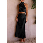 Prettygarden Women'S 2 Piece Satin Outfits Summer Sleeveless Mock Neck Crop Tops And Long Skirt Dress Sets