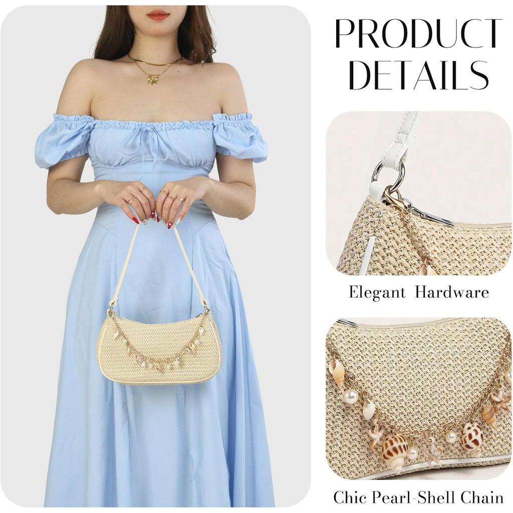 Women'S Boho Seashell Pearl Beaded Straw Clutch Purse Summer Woven Beach Bag Vacation Shoulder Handbags