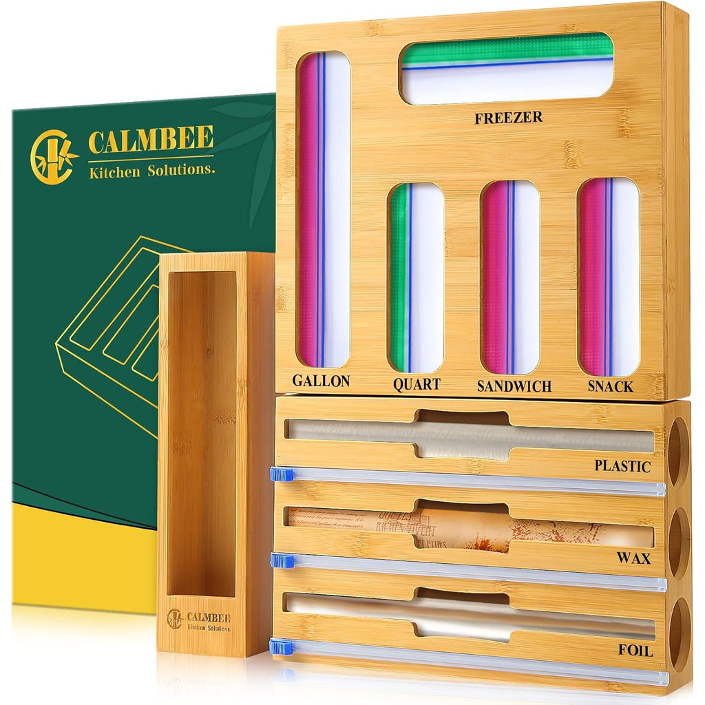 Calmbee 9 In 1 Bamboo Storage Bag Organizer For Kitchen Drawer – Plastic Wrap Dispenser With Cutter & Foil Organizer, Wooden Baggie Organizer For Sandwich, Snack, Gallon, Quart Sizes, Natural
