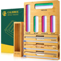 Calmbee 9 In 1 Bamboo Storage Bag Organizer For Kitchen Drawer – Plastic Wrap Dispenser With Cutter & Foil Organizer, Wooden Baggie Organizer For Sandwich, Snack, Gallon, Quart Sizes, Natural