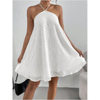 Makemechic Women'S Halter Dress Summer White Beach Mini Backless Flowy Short Dress