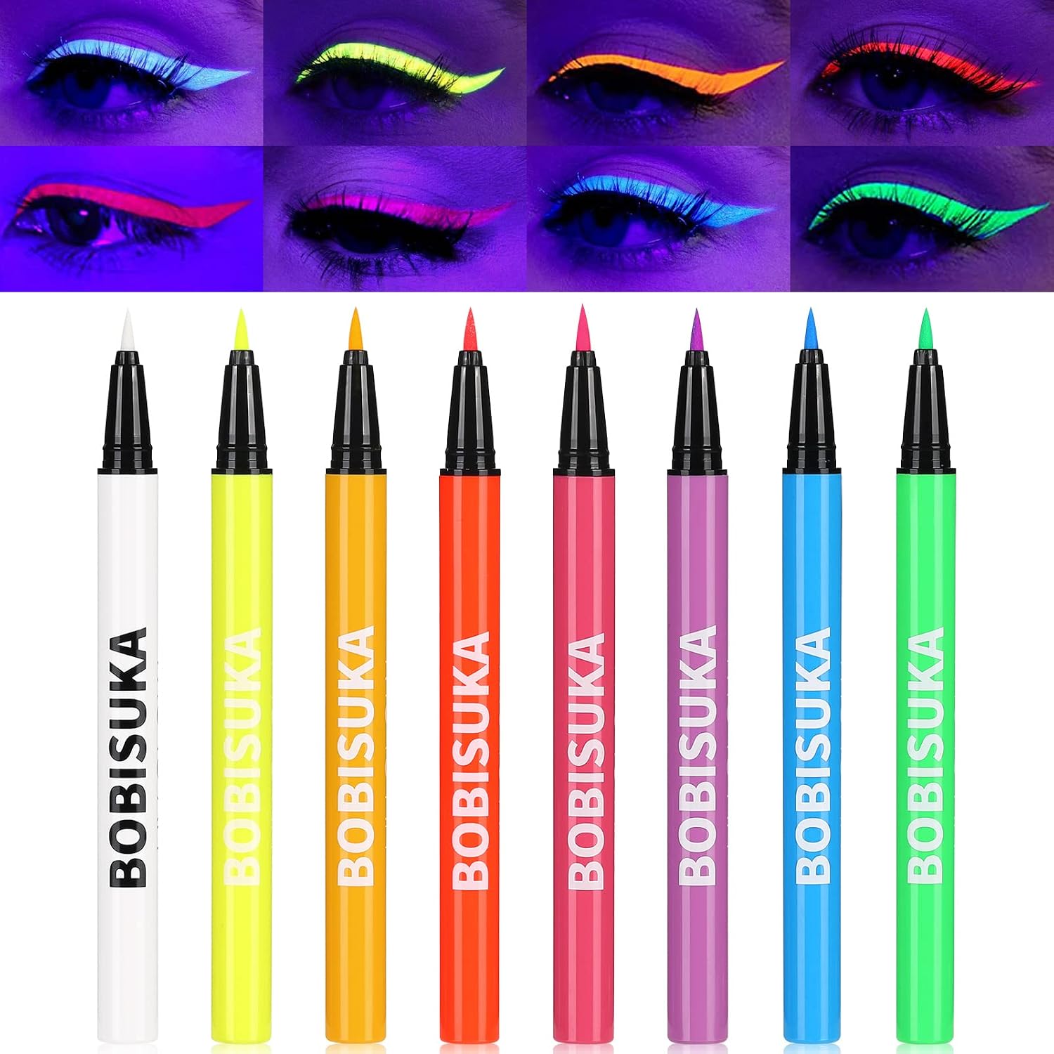 Bobisuka 8 Colors Uv Neon Liquid Eyeliner Set, Matte Colored Eyeliners Pen, Colorful Waterproof Smudge-Proof Pigmented Graphic Liners, Delineadores De Colores Para Ojos Eye Makeup Gift Kit