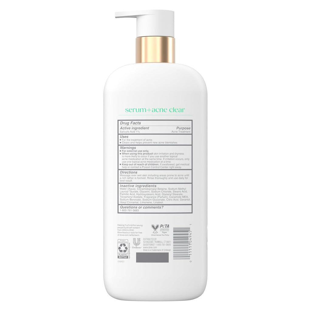 Dove Serum Body Wash Acne Clear With Salicylic Acid, 18.5 Oz I Acne Body Wash With 1% Salicylic Acid To Help Clear And Prevent Acne Breakouts