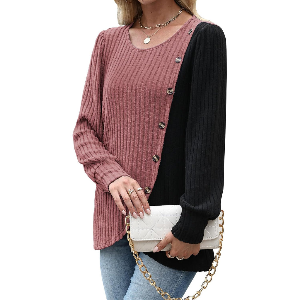 MixShe Womens Knit Sweaters 2026 Fall Winter Casual Long Sleeve Ribbed Colorblock Button Pullover Tops