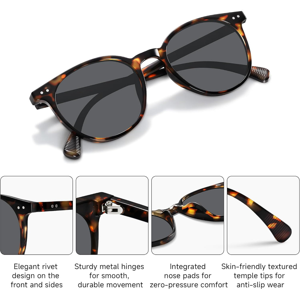 Round Sunglasses for Women Men, Polarized Retro Trendy Sunglasses Vintage Small Frame, UV Protection Lens Fashion Classic Tortoise/Grey