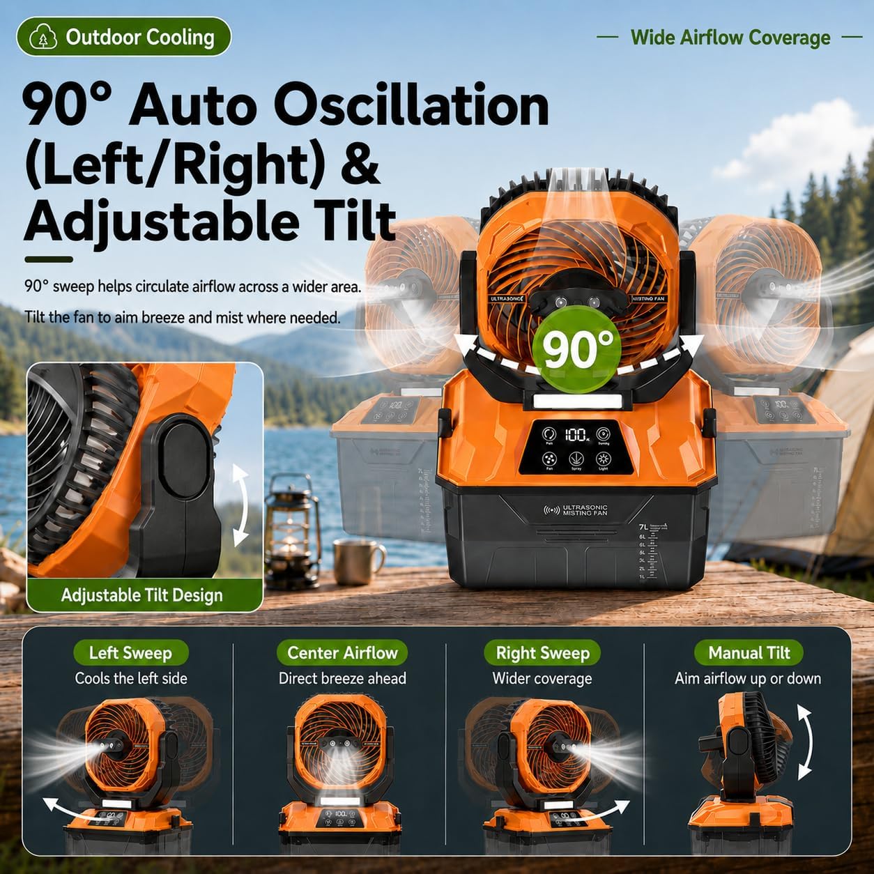 Portable Misting Fan For Patio, Outdoor Cooling Fan, 7L Water Tank, 20000Mah Battery, Remote Control, 1-12H Timer, 90° Oscillation, 5 Speeds & 4 Mist Levels, Camping, Beach, Fishing
