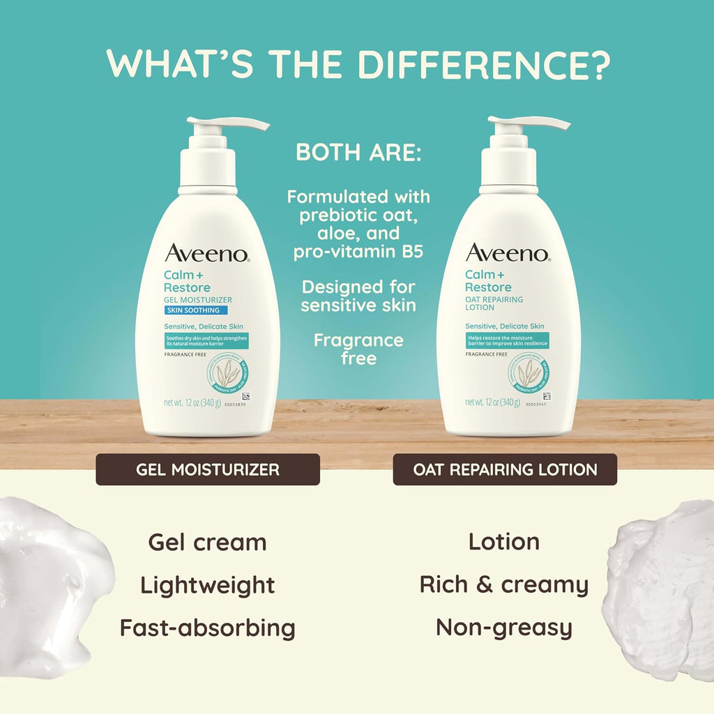 Aveeno Calm + Restore Oat Repairing Body Lotion For Sensitive Skin, Daily Moisturizer With Prebiotic Oat, Aloe & Pro-Vitamin B5, Fragrance Free Body Lotion Helps Heal Dry Skin, 12 Oz