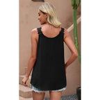 Ofeefan Tank Top For Women Loose Fit Crew Neck Sleeveless Shirts Strap Lace Camisole Chiffon Summer Tops Curved Hem
