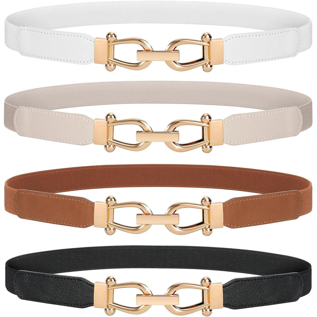 WERFORU Women Skinny Belt for Dresses Retro Stretch Waist Belt with Gold Buckle Set of 4