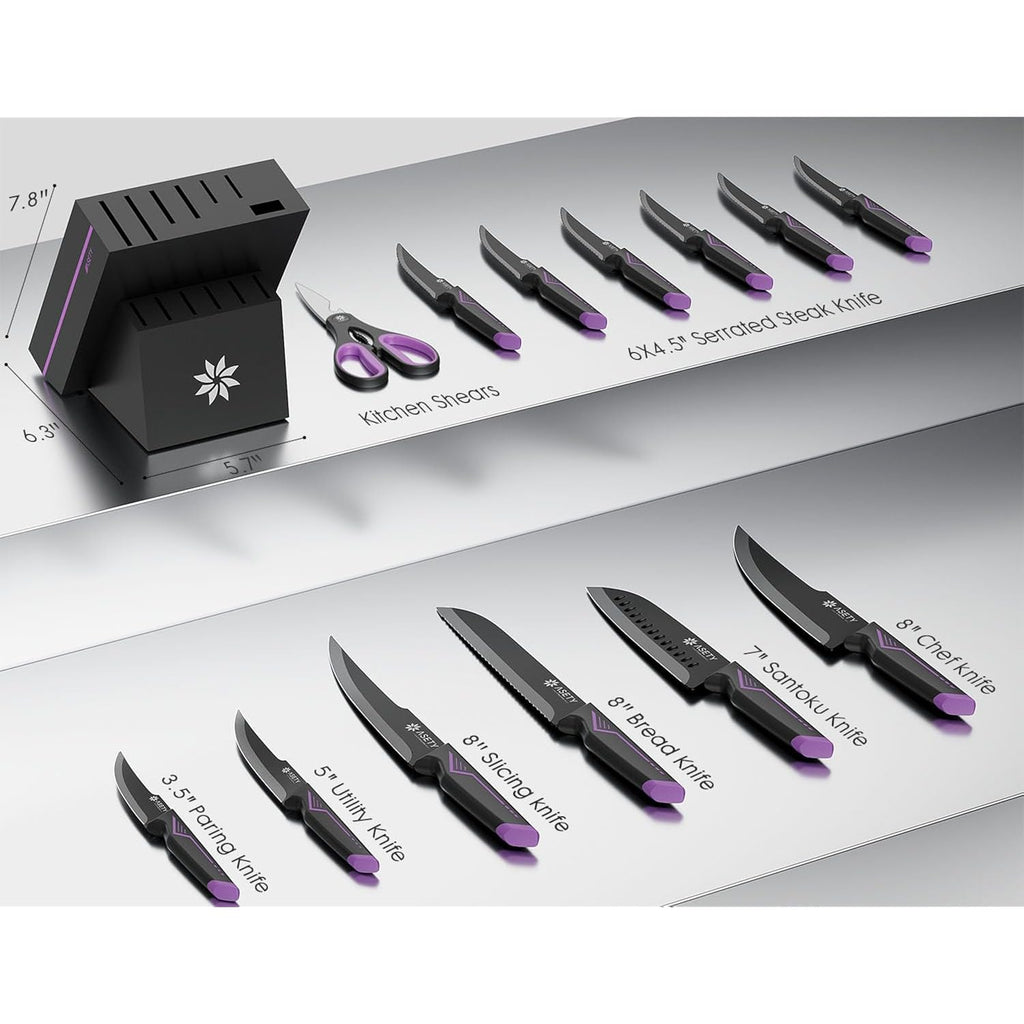 Knife Set - 15 PCS Kitchen Knife Set with Built-in Knife Sharpener Block - Stainless Steel Knife Block Set - Dishwasher Safe, Elegant Box for Men Women, Fathers day
