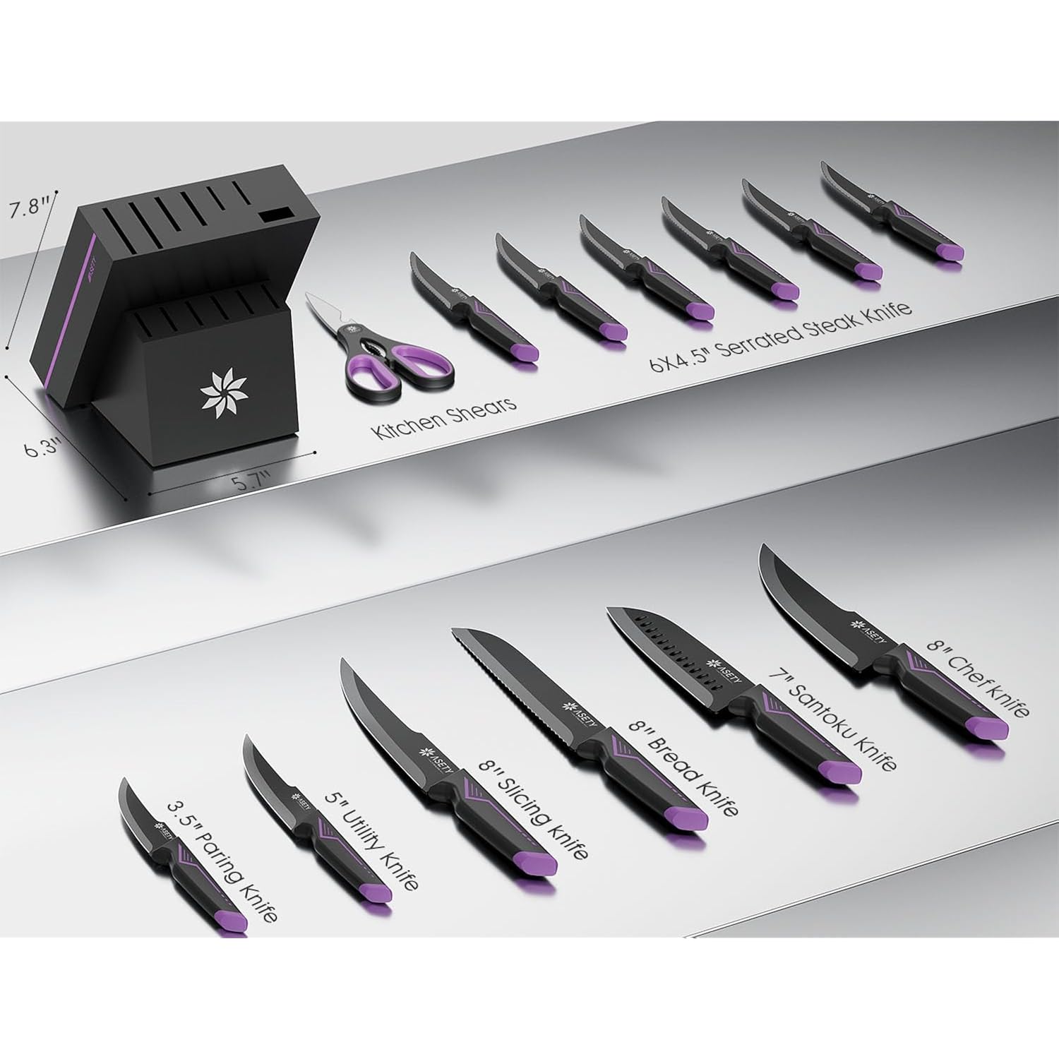 Knife Set - 15 PCS Kitchen Knife Set with Built-in Knife Sharpener Block - Stainless Steel Knife Block Set - Dishwasher Safe, Elegant Box for Men Women, Fathers day