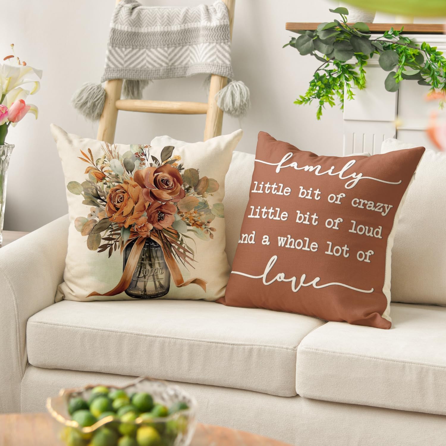 AVOIN colorlife Spring Home Sweet Home Terracotta Sage Throw Pillow Covers, 18 x 18 Inch Seasonal Fall Eucalyptus Floral Motto Cushion Case for Sofa Couch Set of 4