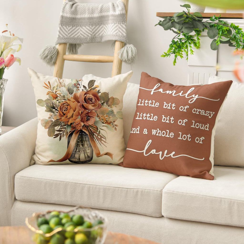 AVOIN colorlife Spring Home Sweet Home Terracotta Sage Throw Pillow Covers, 18 x 18 Inch Seasonal Fall Eucalyptus Floral Motto Cushion Case for Sofa Couch Set of 4