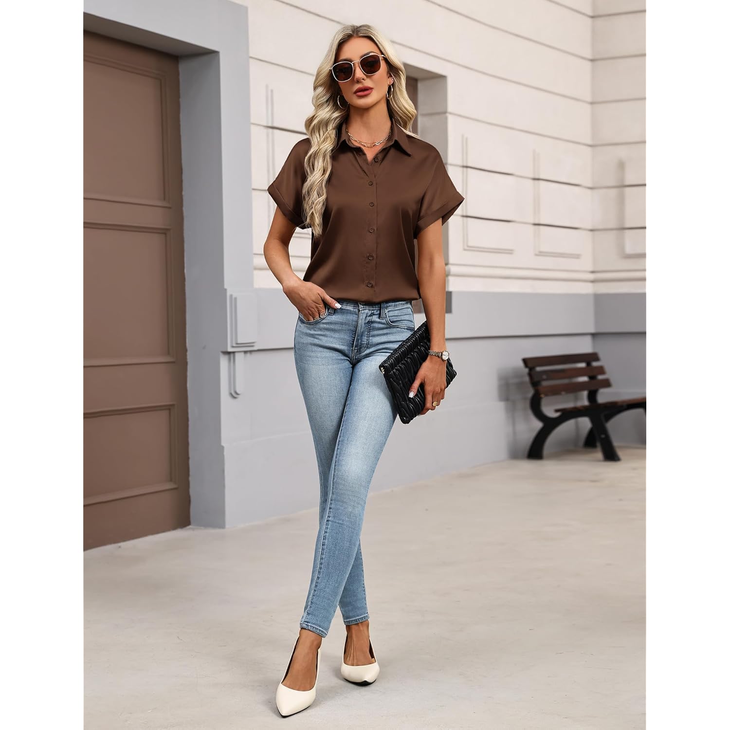 Womens Satin Blouse Short Sleeve Silk Tops Button Down Shirts Business Casual Outfits
