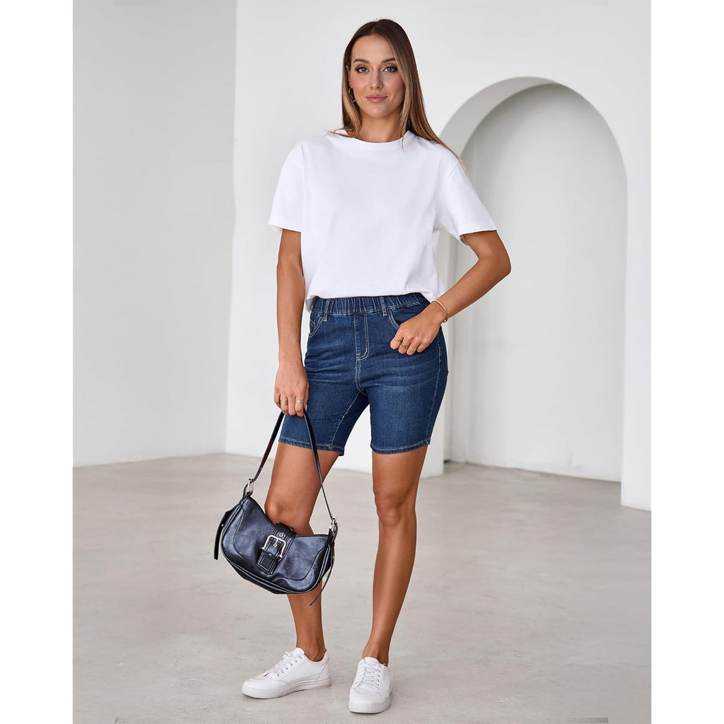 Jean Shorts for Women Mid Rise Pull On Elastic Waist Trendy Summer Jorts 7 Inch Inseam Stretchy Long Denim Shorts