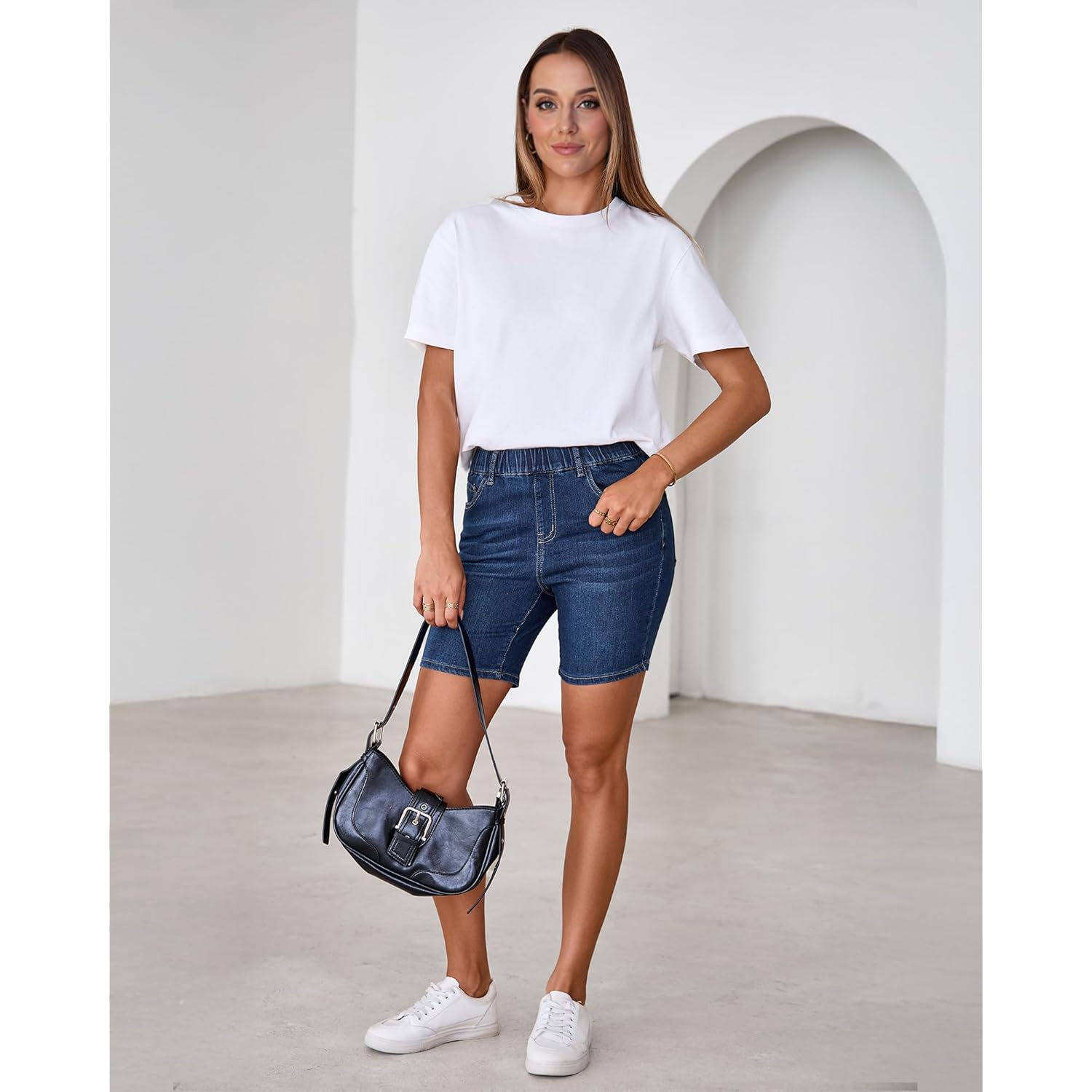 Jean Shorts for Women Mid Rise Pull On Elastic Waist Trendy Summer Jorts 7 Inch Inseam Stretchy Long Denim Shorts