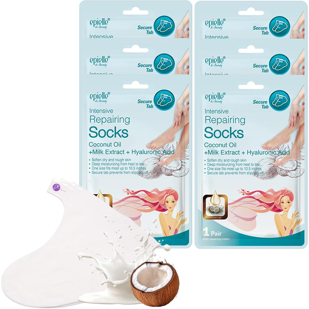 Epielle Intensive Repairing Foot Mask 6 Pairs, Soften with Coconut Oil & Milk Extract, Deep Moisturizing Socks for Dry, Cracked Feet, Self Care Gifts for Women, Spa Kit, Mothers Day Gifts