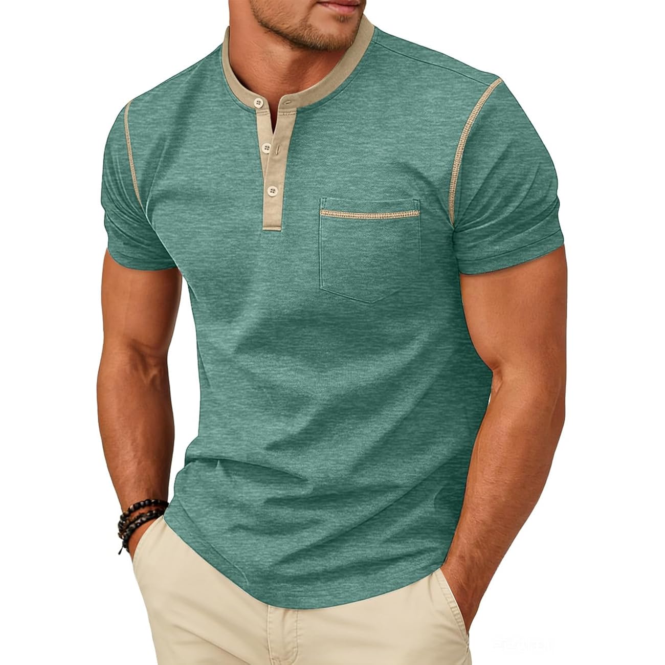 Men'S Henley Shirt Casual Button Short Sleeve T-Shirt Summer Patchwork Color Block Tee Shirts
