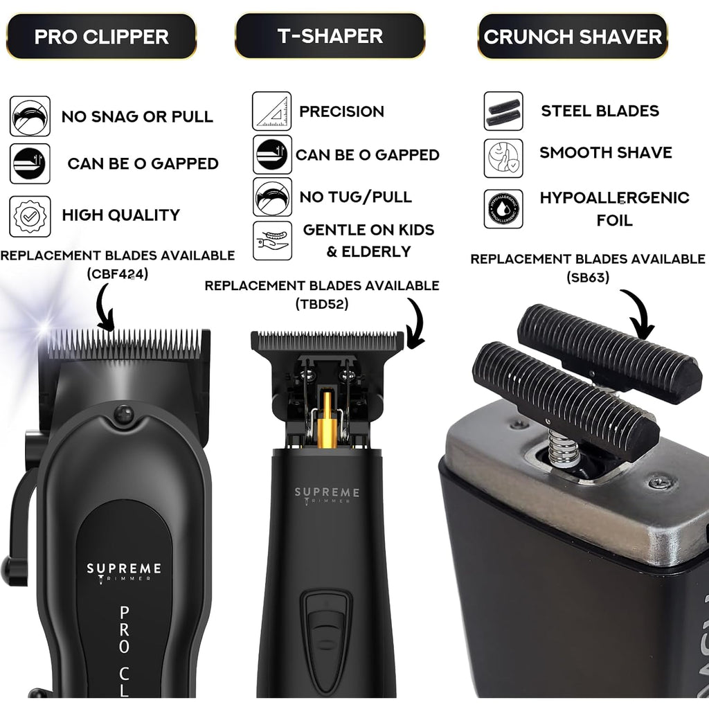 Supreme Trimmer 3-In-1 Barber Bundle | Pro Clipper Lite, T-Shaper Trimmer & Crunch Foil Shaver | Professional Beard Trimmer Men’S Hair Clipper Kit | Black