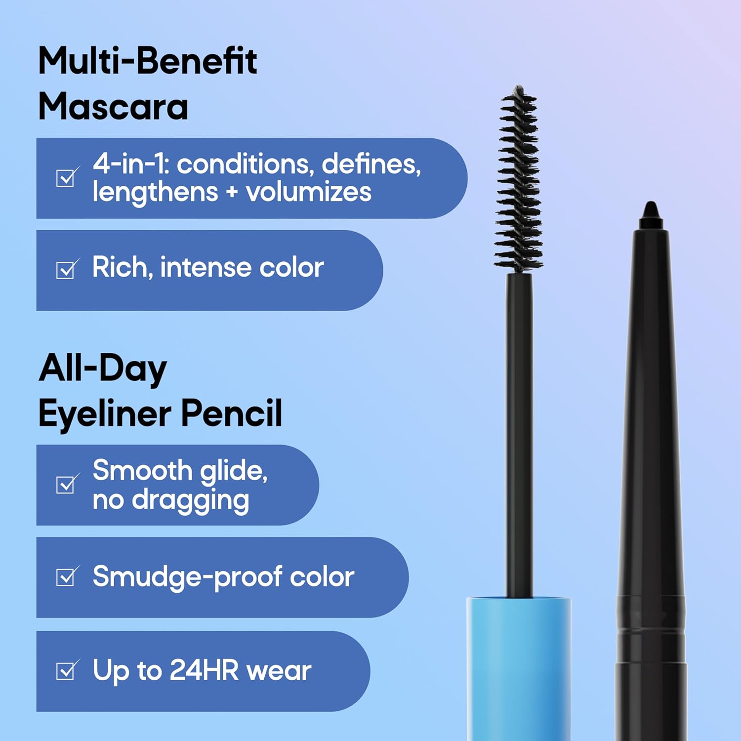 Almay Multi-Benefit Mascara & All-Day Eyeliner Pencil Duo, Eye Makeup, Hypoallergenic, Black Eyeliner and Black Brown Mascara, 1.1 oz