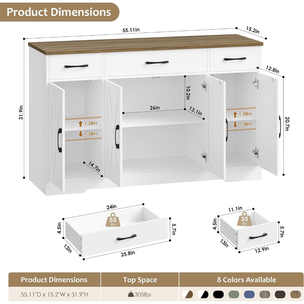 Hostack Kitchen Buffet Sideboard Storage Cabinet, Coffee Bar Cabinet, White | 55"W Farmhouse Kitchen Cabinet With Doors And Adjustable Shelves, Buffet Cabinet With 3 Large Drawers For Dining Living Room