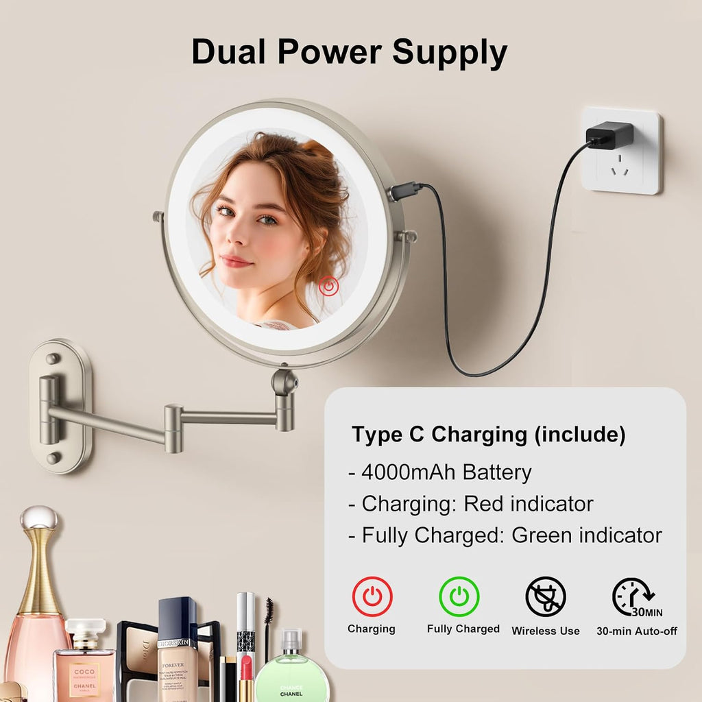 Imikona 9" Wall Mounted Lighted Makeup Mirror,4000Mah Rechargeable Double Sided 1X/10X Magnifying Mirror With Light,3 Color Lights,Touch Dimmable,Extended Arm 360 Rotation Wall Mounted Makeup Mirror