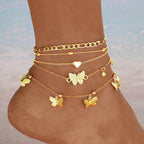 Chain Ankle Bracelet for Women Gold Silver Boho Anklets Set Sun Butterfly Sea Turtle Anklets Beach Adjustable Chain Anklet Summer Waterproof Beach Jewelry for Women