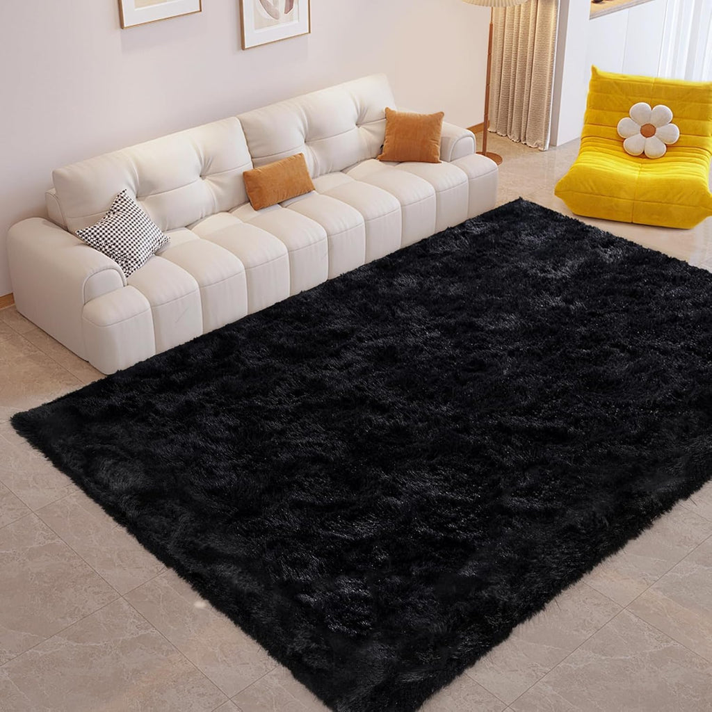 FinRèc Soft Black Area Rugs for Bedroom Living Room, 4x6 Feet Modern Indoor Fluffy Shaggy Rug, Non-Slip Fuzzy Furry Rug for Nursery Kids Room Dorm Room Home Decor, High Pile Plush Floor Carpet