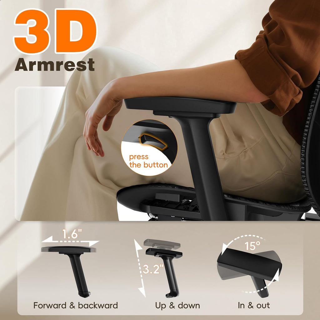 Ergonomic Office Chair With Footrest, 135° Reclining Desk Chair With Adjustable Lumbar Support,3D Armrest,Headrest & Large Steel Base, 300Lbs Heavy Duty Mesh Chair