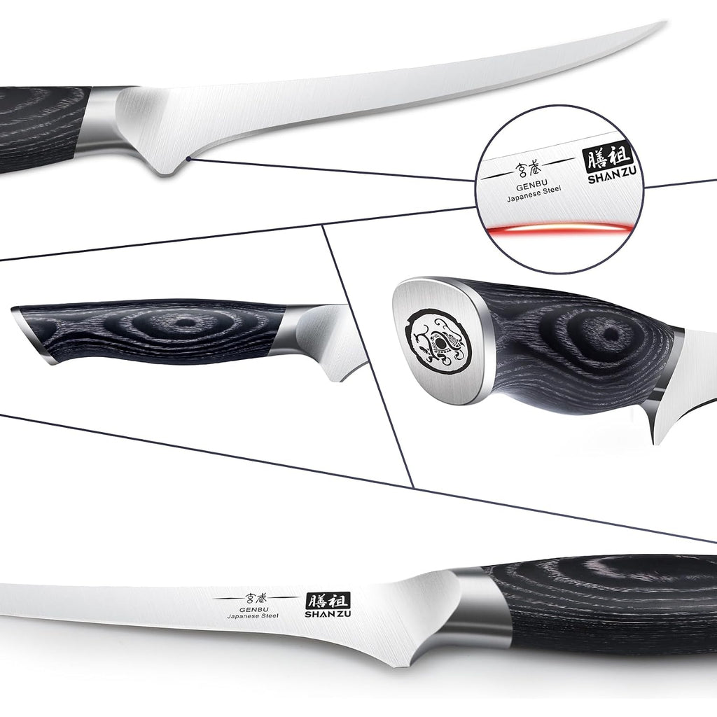 Shan Zu 7 Inch Fillet Knife, Japanese Super Steel Boning Knife, Professional Ultra Sharp Fish Knife With K133 Ergonomic Handle, Black Tortoise Genbu Series