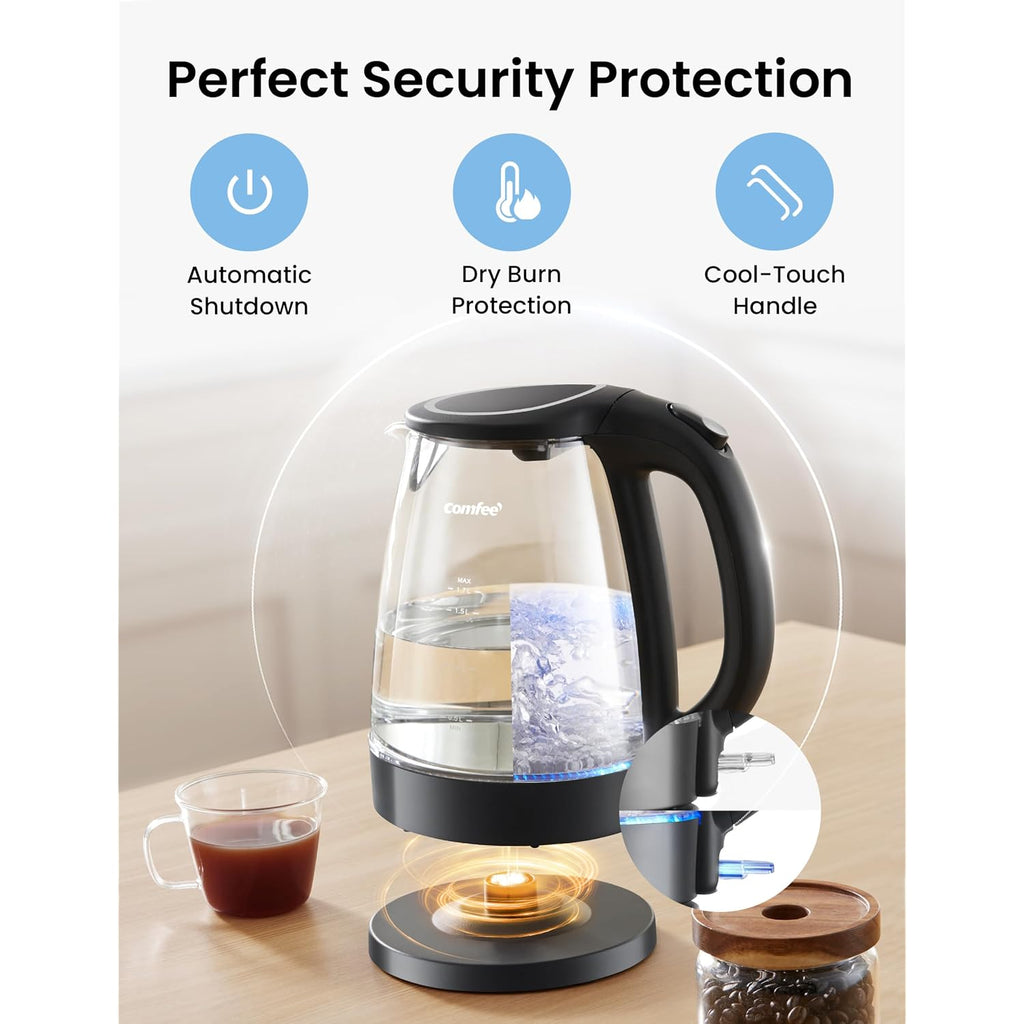 Comfee' Electric Kettle, 1.7L Hot Water Boiler, 1500W Fast Boil, Glass Electric Tea Kettle With Led Indicator, Auto Shut-Off And Boil-Dry Protection, Bpa Free